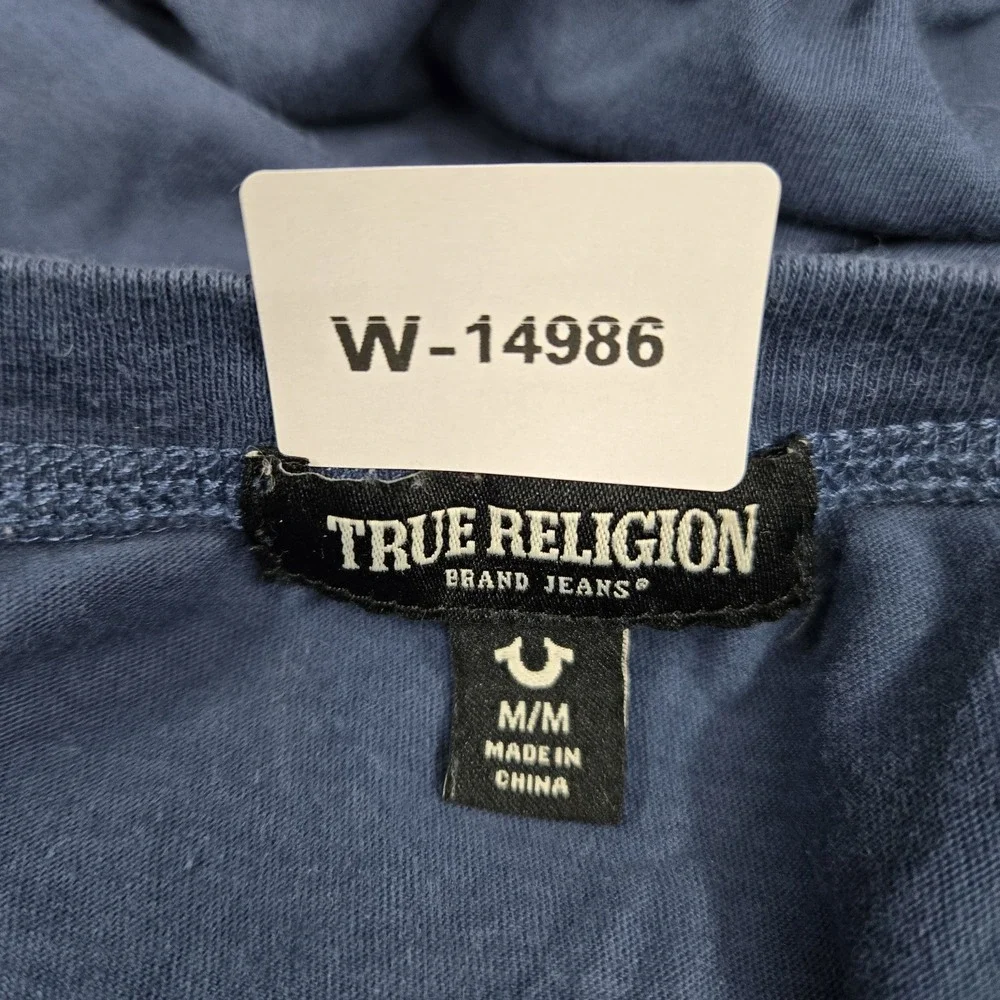 True Religion Men Shirt M/M Blue Henley Button Logo Long Sleeve